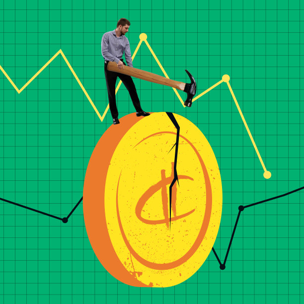 当代艺术拼贴。商人把硬币压在金融箭头上。危机。陷入困境的公司图片下载