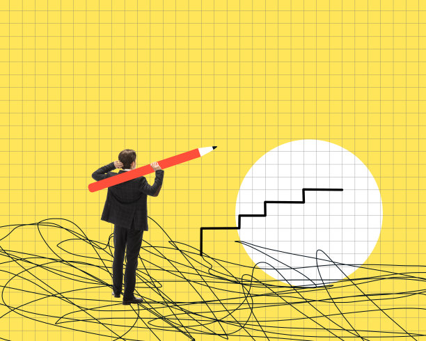 当代艺术拼贴。商人、员工思维、个人和职业成功。为成长画阶梯图片下载