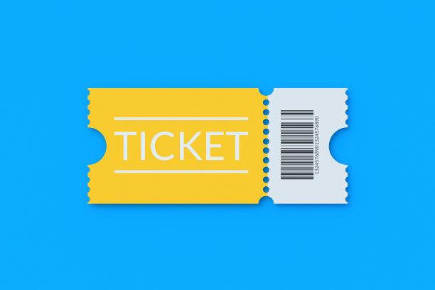 黄色票适用于蓝色背景的电影院、剧院、演出和其他娱乐场所。前视图。三维渲染图片下载