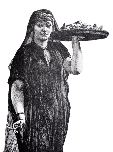 抽烟的女人戴着头巾，端着水果托盘，黑色长袍，白色背景图片下载