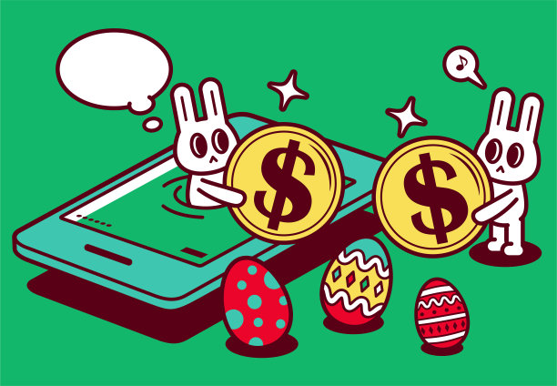 一只快乐的复活节兔子出现在智能手机屏幕上，寄钱和复活节彩蛋图片下载