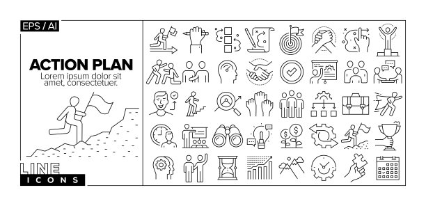 操作计划相关线路图标设置。战略，团队合作，伙伴关系，计划，工作流程，会议，行动，动机，时间表，团队，过程，协作，分析，团队精神。图片下载