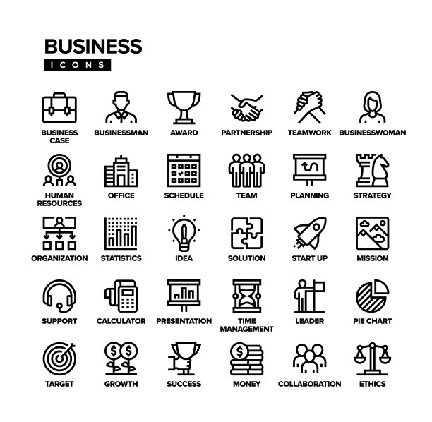 业务相关线路图标集。商人，女商人，团队，伙伴关系，协议，人力资源，办公室，合作，领导者，团队，使命。图片下载