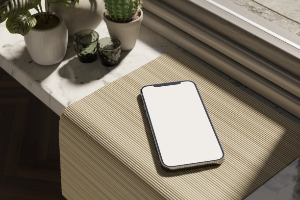 智能手机放在盆栽旁边的窗台上。三维渲染图片下载