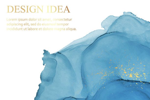 水彩背景与抽象的蓝色墨波和金色飞溅。图片下载