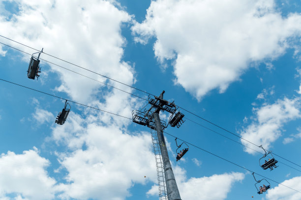 山中四人座缆车，背景是蓝天白云。图片下载