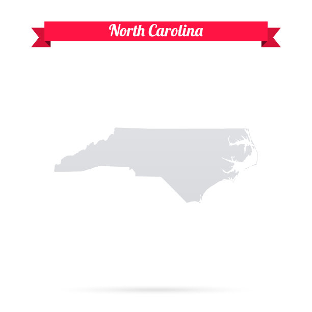 北卡罗莱纳州地图，白色背景，红色横幅图片下载