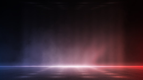 黑暗的舞台表演，蓝色，粉红色和紫色的背景，一个空旷的黑暗场景，激光束，霓虹灯，射灯反射在沥青地板上，烟雾漂浮的工作室房间用于展示产品。图片下载