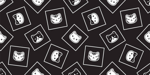 猫无缝图案小猫矢量印花布脸头颈部卡通人物方形边框照片品种宠物礼品包装纸瓷砖背景重复壁纸动物涂鸦插图黑色设计围巾孤立图片下载