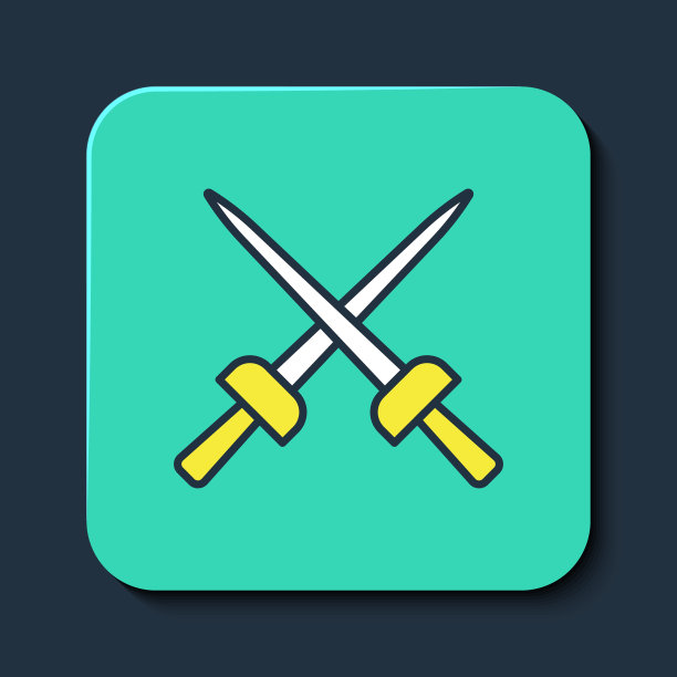 填充轮廓剑图标隔离在蓝色背景。运动设备。绿松石方形纽扣。向量图片下载