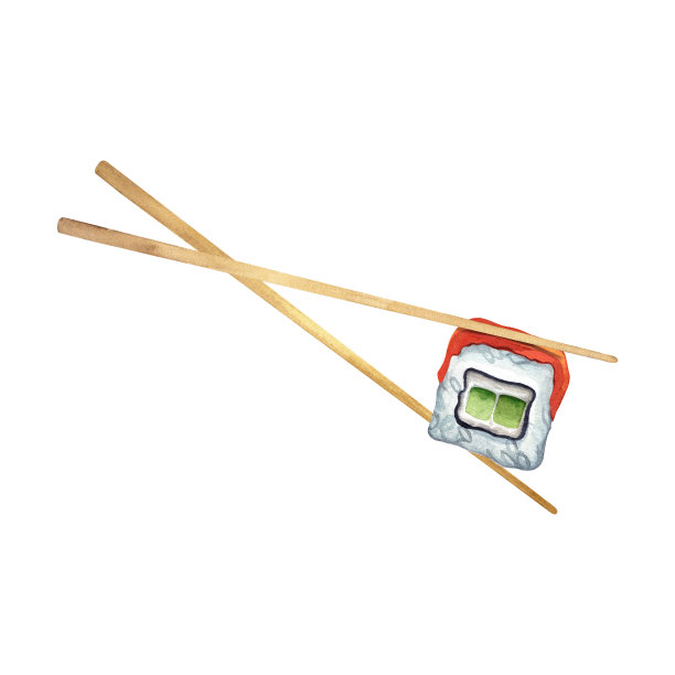 筷子夹三文鱼和奶油芝士寿司卷。水彩食物插图。孤立的白色背景。亚洲美食。图片下载