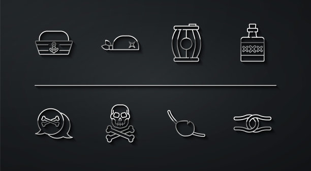 设置线水手帽，位置海盗，酒精饮料朗姆酒，海盗眼罩，头骨交叉骨，头巾为头，绳结和火药桶图标。向量图片下载