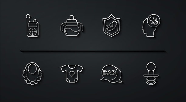 设置线婴儿监视器对讲机，围嘴，奶嘴，语音泡泡爸爸，衣服，瓶子，和盾牌图标。向量图片下载