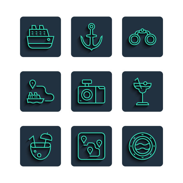 集线椰子鸡尾酒，路线位置，船舷窗与海景，双筒望远镜，照相机，线的路径，游轮和鸡尾酒图标。向量图片下载