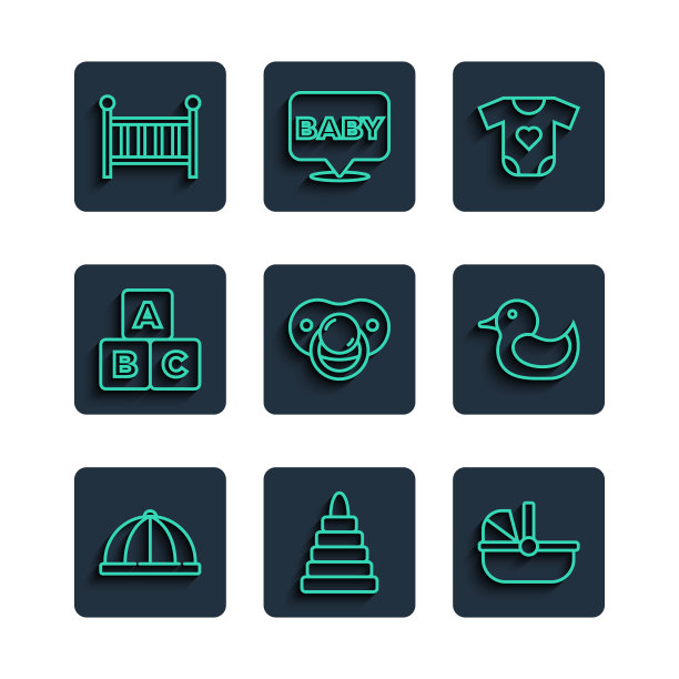 集线婴儿帽，金字塔玩具，婴儿车，衣服，假奶嘴，ABC积木，婴儿床摇篮和橡皮鸭图标。向量图片下载