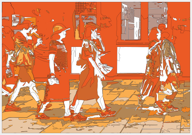 抽象的户外霓虹灯虚拟人在城市场景背景中行走图片下载