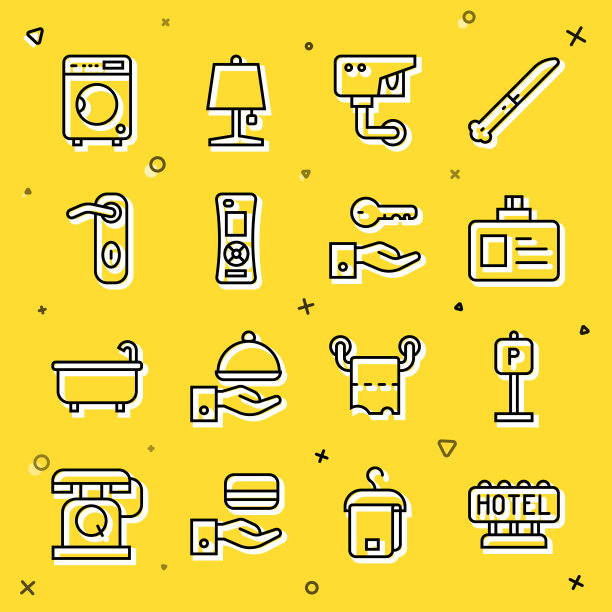 酒店，停车场，识别徽章，安全摄像头，遥控器，门把手，洗衣机和门锁钥匙图标。向量图片下载