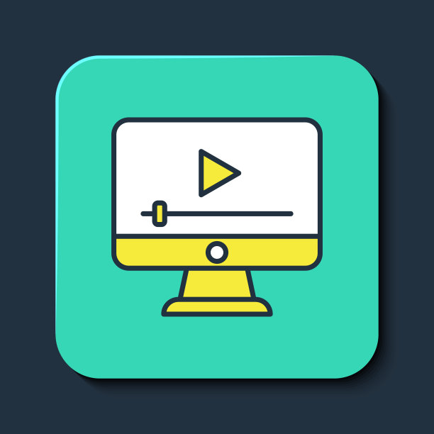 填充轮廓在线播放视频图标孤立的蓝色背景。带游戏标志的胶片条。绿松石方形纽扣。向量图片下载