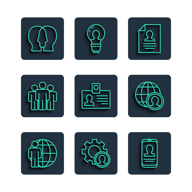 设置线猎头，手机简历，简历，身份徽章，用户组，项目团队基地和全球和人的图标。向量图片下载