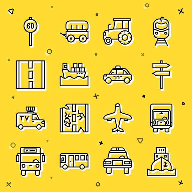 集线货船，货运卡车，道路交通标志，拖拉机，与盒子，速度限制和出租车图标。向量图片下载