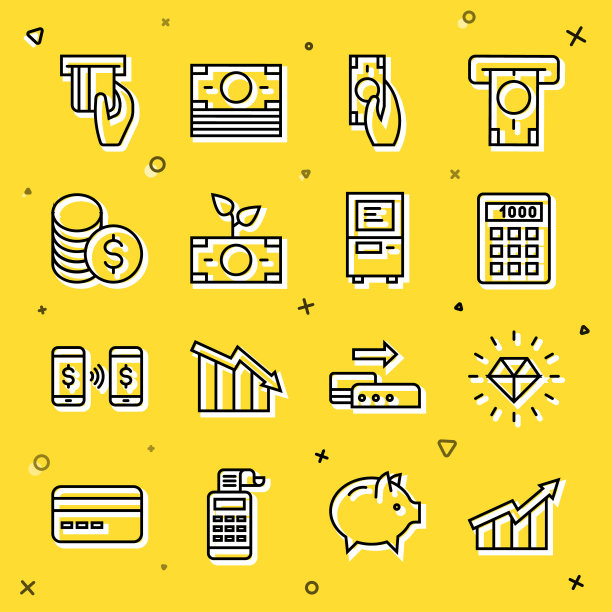 设线金融增长增加，钻石，计算器，快速支付，金钱种植锅，硬币钱与美元，信用卡插入和ATM图标。向量图片下载