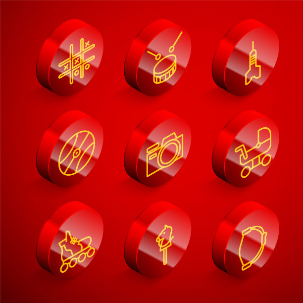 集线井字游戏，鼓鼓棒，飞镖箭，篮球，照相机，婴儿推车，轮滑和玩具马图标。向量图片下载