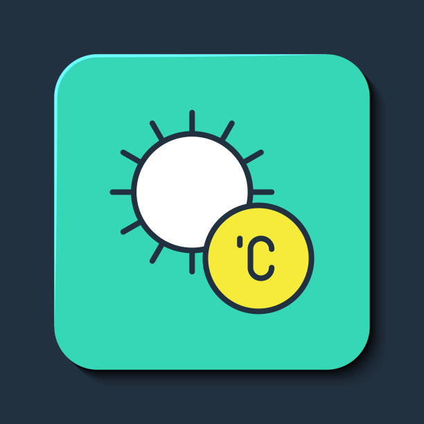 填充轮廓太阳图标孤立的蓝色背景。绿松石方形纽扣。向量图片下载