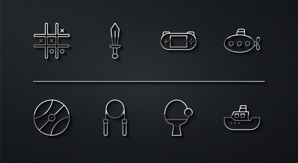 集线井字游戏，篮球，潜艇玩具，球拍和，跳绳，剑，玩具船和便携式视频控制台图标。向量图片下载