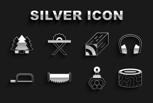 集双手锯，耳机，树桩，抓斗起重机抓原木，钢锯，木梁，圣诞树和电子圆形图标。向量图片下载