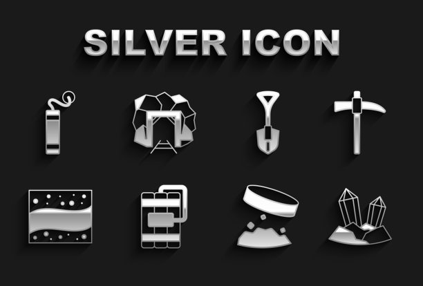 设置炸药，鹤嘴锄，宝石石，巨型磁铁持有铁粉，金矿，铲子，和矿山入口图标。向量图片下载