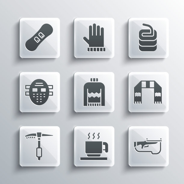 集热巧克力杯，冬季两项步枪，冬季围巾，圣诞毛衣，冰斧，曲棍球面具，滑雪板和石头为冰壶图标。向量图片下载