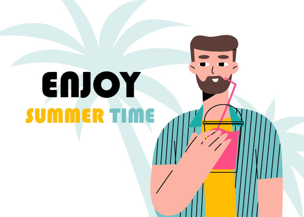 在棕榈树背景下，男人手持清爽的夏日鸡尾酒，尽情享受夏日饮品的酷爽图片下载