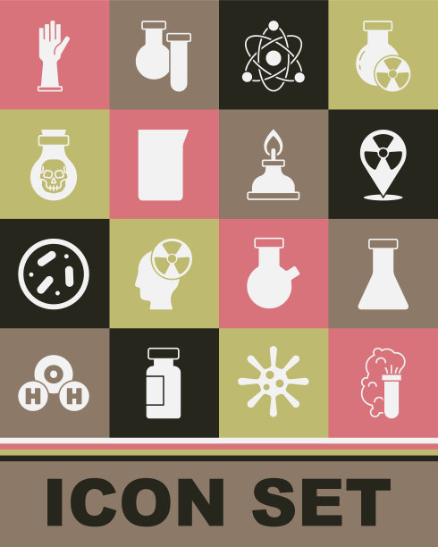 集化学爆炸，试管和烧瓶，放射性的位置，原子，实验室玻璃器皿或烧杯，毒瓶，医用橡胶手套和酒精燃烧器图标。向量图片下载