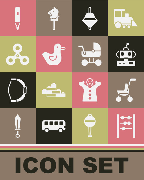 集算盘，婴儿推车，机器人玩具，旋转，橡皮鸭，指尖陀螺，记号笔和图标。向量图片下载