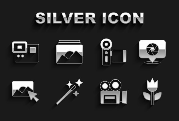 集照片修图，相机快门，模式微距，复古电影相机，电影，动作极限和框架图标。向量图片下载