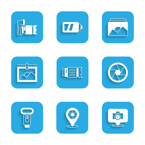 设置“相机”、“快门”、“相机”、“闪光灯”、“画框”、“图标”。向量图片下载