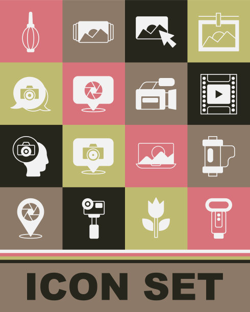 集相机闪光灯，相机胶卷盒式，修图，快门，吹灰机和电影图标。向量图片下载