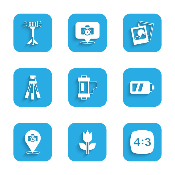 设置相机胶卷墨盒，照片模式微距，第4帧，相机电池，三脚架和工作室灯泡在软箱图标。向量图片下载