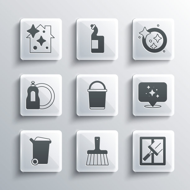 集处理扫帚，橡胶清洁剂的窗户，家庭清洁服务，桶，垃圾桶，洗洁精瓶，洗碗图标。向量图片下载