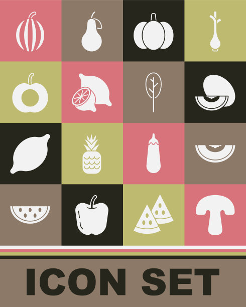集蘑菇，瓜果，南瓜，柠檬，桃子，西瓜和菠菜图标。向量图片下载