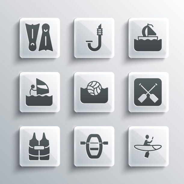 集船桨，皮艇和桨，桨，水球，救生衣，风帆冲浪，鳍为游泳和游艇帆船图标。向量图片下载