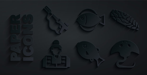 集热带鱼，鱼牛排，渔夫，黄貂鱼，和钓鱼鱼叉图标。向量图片下载