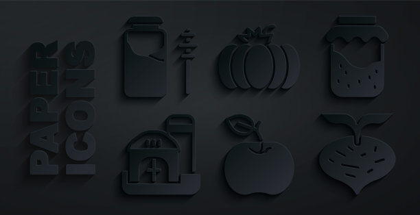 集苹果，果酱罐，农场的房子，甜菜，南瓜和罐的蜂蜜和斗棒图标。向量图片下载