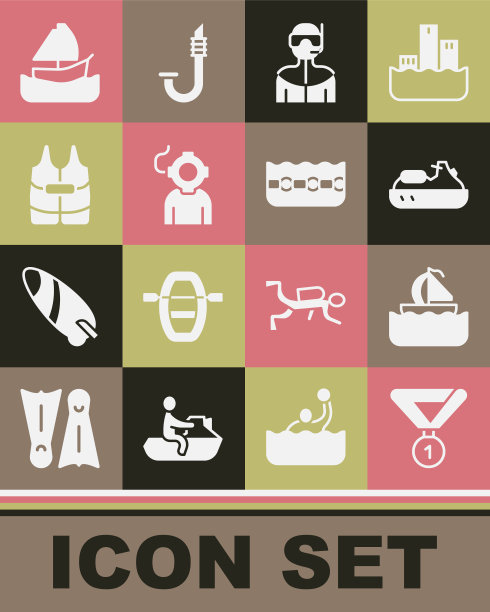 集奖章，游艇帆船，水上摩托车，潜水服，潜水器，救生衣，和游泳池图标。向量图片下载