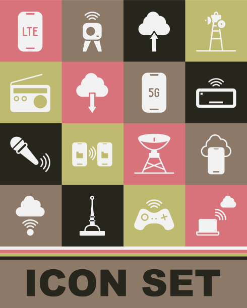 设置网络云连接，云技术数据，电脑键盘，上传，下载，无线，LTE网络和移动5G图标。向量图片下载