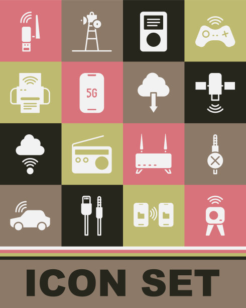 设置网络摄像头，无音频插孔，卫星，音乐播放器，5G手机，智能打印机系统，Usb无线适配器和云下载图标。向量图片下载