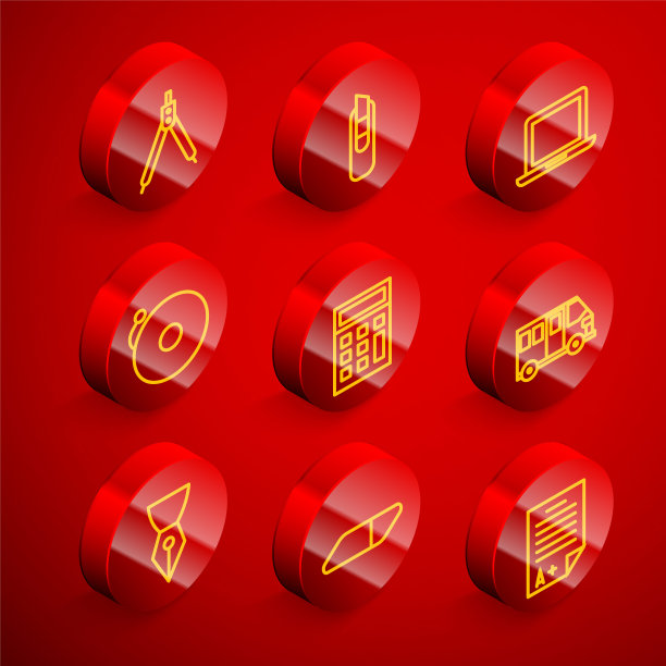 画线指南针，文具刀，笔记本电脑，响闹钟，计算器，校车，钢笔笔尖和橡皮橡皮图标。向量图片下载