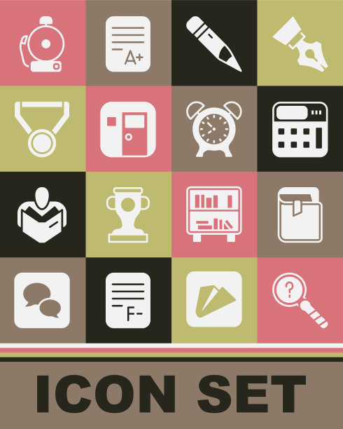 设置未知搜索，书，计算器，铅笔橡皮，学校教室，奖章，响闹钟和闹钟图标。向量图片下载