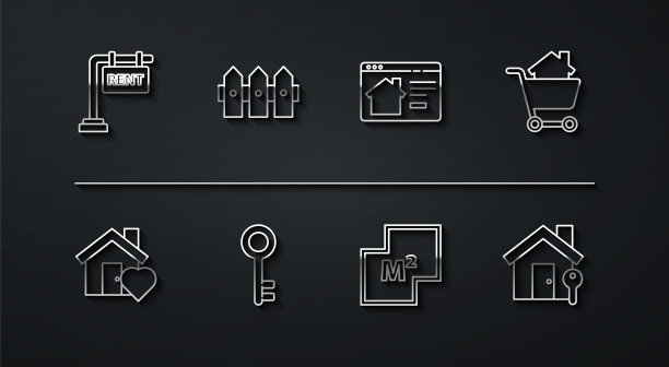 设置线悬挂标志与租金，房子心形，购物车房子，计划，钥匙，花园围栏木制，和在线房地产图标。向量图片下载