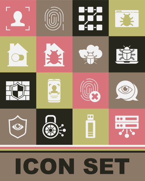 设置服务器，数据，虚拟主机，眼睛扫描，系统故障监控，图形密码保护，房屋系统，智能家居，人脸识别和云图标。向量图片下载